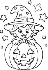 Witch with Hat and Pumpkin for Halloween Coloring