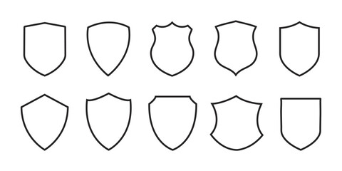 Shield icon set in vintage style. Protect shield security line icons. Badge quality symbol, sign, logo or emblem