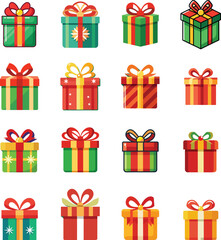 Colorful Gift Box Icons Set. Festive Present Illustrations for Holidays & Celebrations
