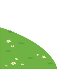 Green meadow landscape with flowers. Summer green fields view, spring lawn hill, green grass fields landscape. Vector illustration