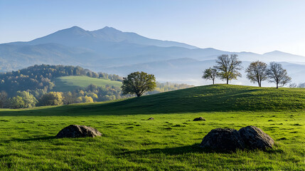 Green Meadow With Hills And Mountains In The Background