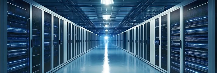 Data Center: A meticulously organized data center, lines of server racks, epitomizes the infrastructure of digital information in a futuristic environment.