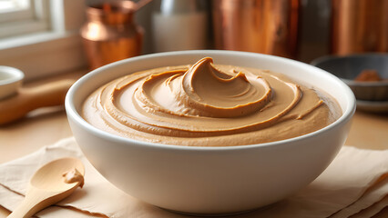 Velvety Mocha Mousse Spread Artistically Placed on Matte Paper for Elegant Culinary Presentation in a Warm, Inviting Kitchen Setting