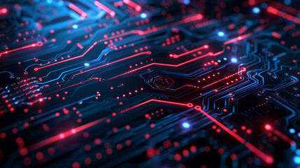 Obraz premium The vibrant pulse of digital innovation, a mesmerizing network of glowing red and blue circuits in a close-up view.