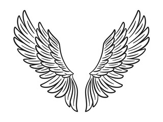 Angel Wings. Wings for t-shirt, holiday backdrop, logo, greeting, invitation cards, coloring page, engraving, laser cutting, tattoo. Flat vector illustration
