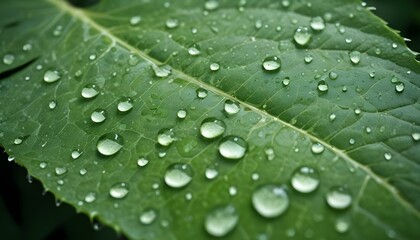 Close-up image of a green leaf with several glistening water droplets on its surface.