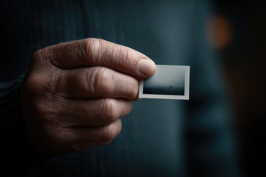 close-up of aging veteran hand holding small faded photograph evoking memories of d-day