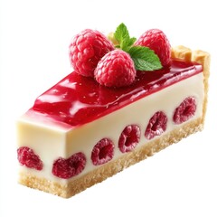 Slice of raspberry cheesecake with mint leaf garnish