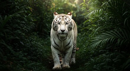 Obraz premium A majestic white tiger confidently walks through a lush, verdant jungle