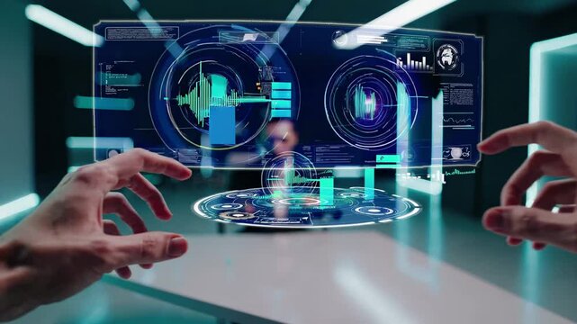 Scientist in bright lab operates holographic interface with data flow, holographic interface merges real-time analytics, holographic interface refines solutions. Concept next-gen workflow