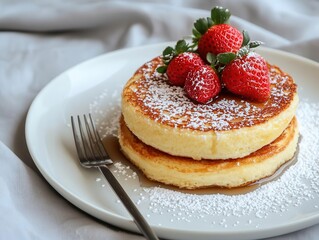 Golden French toast with powdered sugar, maple syrup, and fresh strawberries on a white linen bed