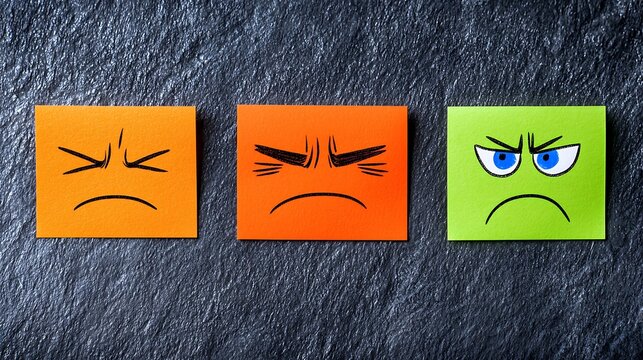 Three sticky notes display escalating anger levels through drawn facial expressions