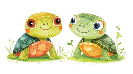 Fototapeta premium A charming print illustration featuring two cute, colorful baby turtles.