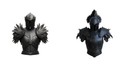 Two medieval armors with detailed helmets and shoulder plates