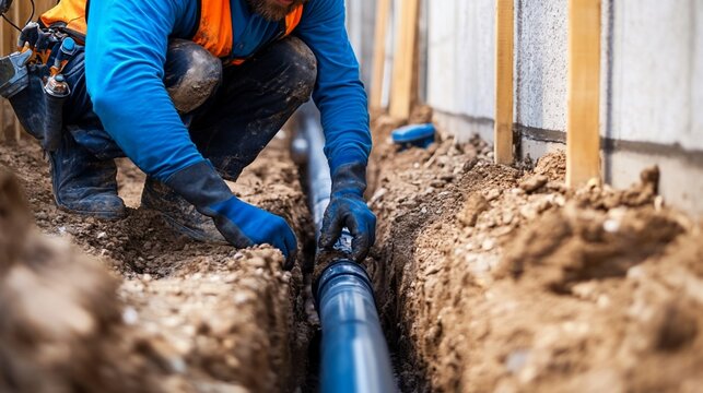 Construction worker installing drainage pipe in trench near foundation wall