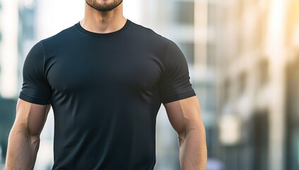 Fototapeta premium Muscular Man in Dark T Shirt, Urban City Background