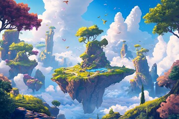 Fantasy landscape with floating islands, lush greenery, and vibrant colors. A serene and magical world above the clouds.