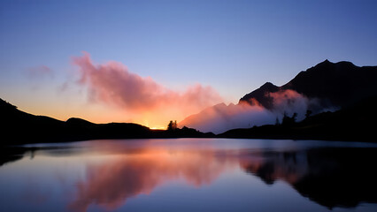 Fototapeta premium Serene mountain lake at sunrise, pink clouds reflecting on calm waters, surrounded by tranquil nature and peaceful morning light.
