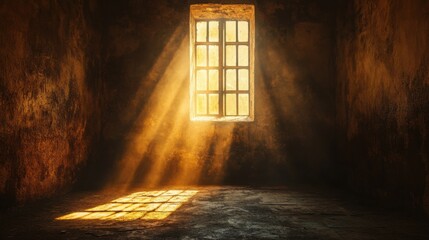 Golden beam of light breaking through a small window in a somber prison cell, highlighting textured floor