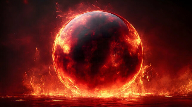 A fiery orb radiates intense heat surrounded by swirling flames on a molten surface