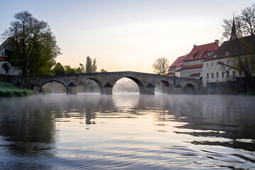 Obraz premium A tranquil European town at dawn, where mist gently wraps around a peaceful river and a stone bridge, creating a serene, dreamlike atmosphere.
