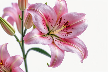 Naklejka premium A delicate pink lily, its petals speckled with crimson, unfolds in graceful beauty against a bright white backdrop, showcasing nature's elegance.