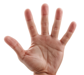 Hand outstretched fingers spread palm facing forward skin isolated on png transparent background