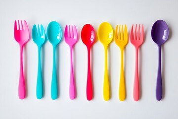 Colorful plastic utensils arranged in a row.