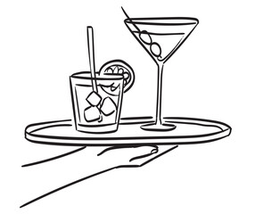 Hand drawn vector drawing of alcoholic drink with olives, ice, straw isolated. Martini, cuba libre cocktails illustrations. Doodle sketch style element for menu, party, wedding or birthday invitation.