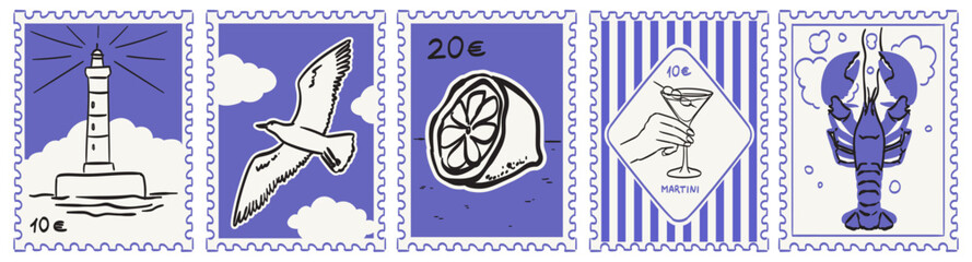 Sticker with lemon, seagull, lobster and lighthouse. Vintage stamp print, wall art vector travel postcard, summer engraving emblem, placard or poster. Retro frame border element design.