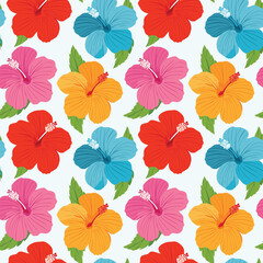 Colorful hibiscus flowers in red, blue, yellow, and pink with green leaves, forming a seamless tropical pattern