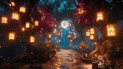 Obraz premium Enchanted forest path illuminated by hanging lanterns and moonlight. Magical, dreamy landscape with trees and flowers.