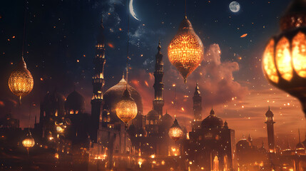 Traditional Ramadan Night Sky Template Moon Stars Islamic Lanterns and Patterns for Eid Social Media Marketing Advertising Needs
