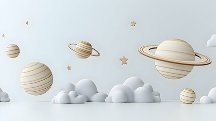 Pastel Wooden Planets And Clouds In Space Illustration
