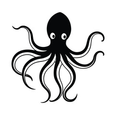 Black octopus silhouette with intricate tentacles isolated on white background underwater sea animal