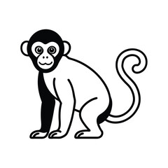 Minimalist monkey illustration simple black and white cartoon design sitting with a curly tail