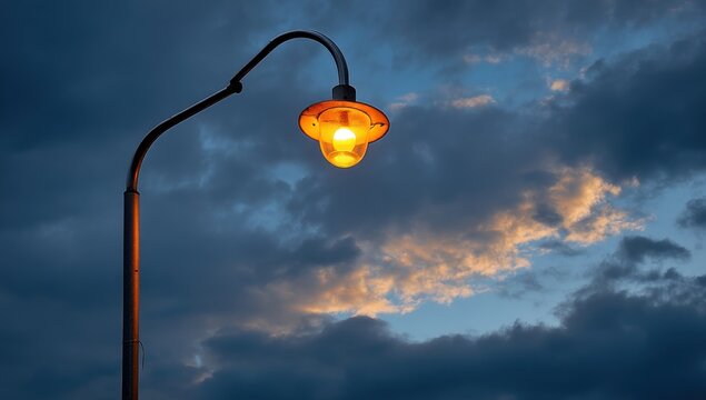 Lit lamp on a street at dusk illuminates the area, with cloudy background