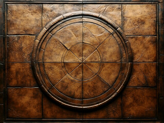 Fototapeta premium Detailed brown texture wall panel with radial pattern and square tiles forming the border