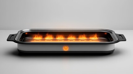 A food warming tray with adjustable heat settings isolated on a pure white background, realistic lighting and shadow, ideal for cut-out and compositing
