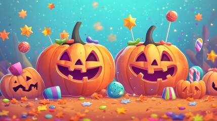 Halloween pumpkins and candies. Festive autumn scene with carved pumpkins, lollipops, and colorful confetti.
