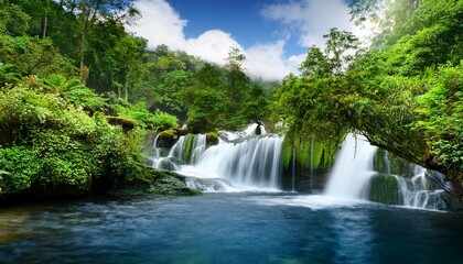 Fototapeta premium a beautiful landscape with a cascading waterfall and green trees