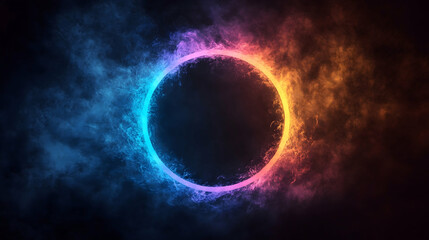 Obraz premium Luminous ring radiates blue and orange with misty smoke on a dark background creating a vibrant contrast