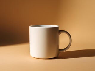 Fototapeta premium Ceramic mug on neutral surface with strong shadows and warm lighting.