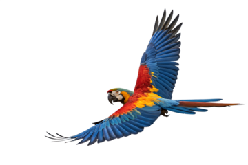 
Vivid and detailed image of a Blue and Gold Macaw parrot in mid-flight, isolated on a transparent background. This exotic tropical bird with bright blue, yellow, and gold feathers is perfect for wild