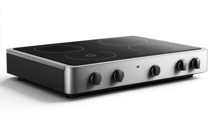 Fototapeta premium A modern electric stove with induction cooktop isolated on a pure white background, realistic lighting and shadow, ideal for cut-out and compositing