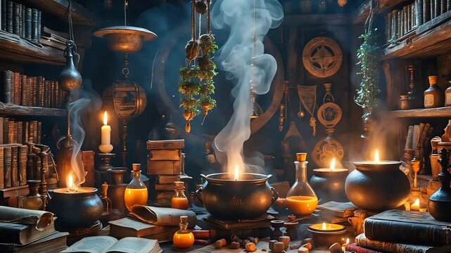 Mystical alchemist's lab with cauldrons, candles, ancient books, and glowing potions in a dimly lit, magical atmosphere

