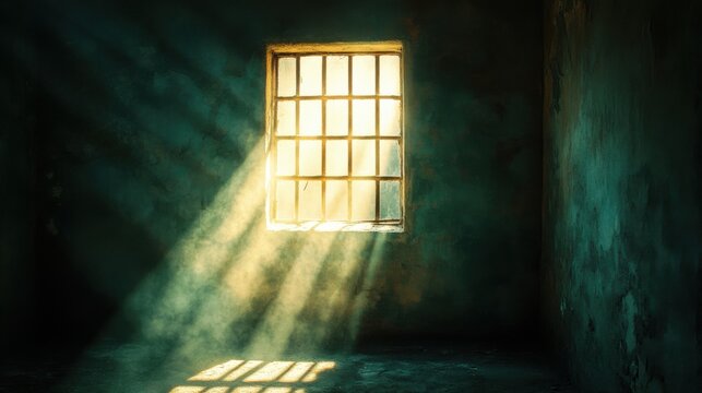 Narrow beam of sunlight streaming through barred window, casting a soft glow in an empty cell 