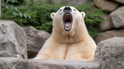 A large polar bear yawns widely, showcasing its teeth amidst gray rocks and green foliage