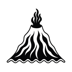 Erupting volcano silhouette illustration with lava flowing down black and white graphics design