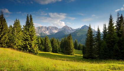 mountain landscape with pine trees in the foreground in summer